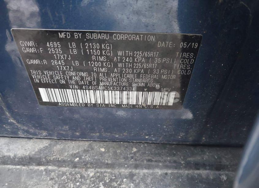 Photo 9 of 2019 Subaru Outback 2.5I PREMIUM (VIN 4S4BSAHC5K3374334)