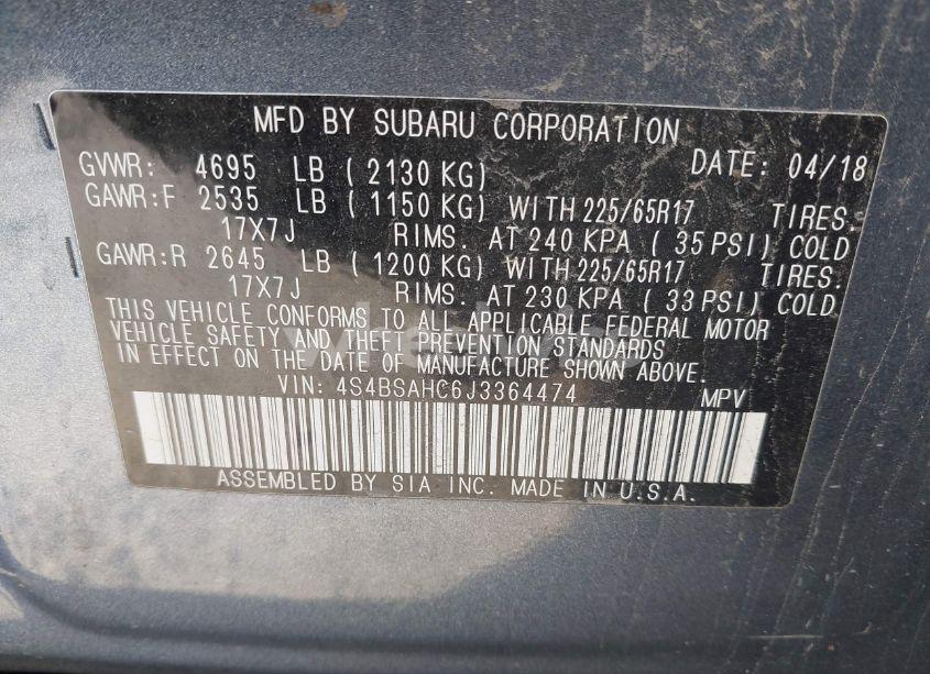 Photo 9 of 2018 Subaru Outback 2.5I PREMIUM (VIN 4S4BSAHC6J3364474)