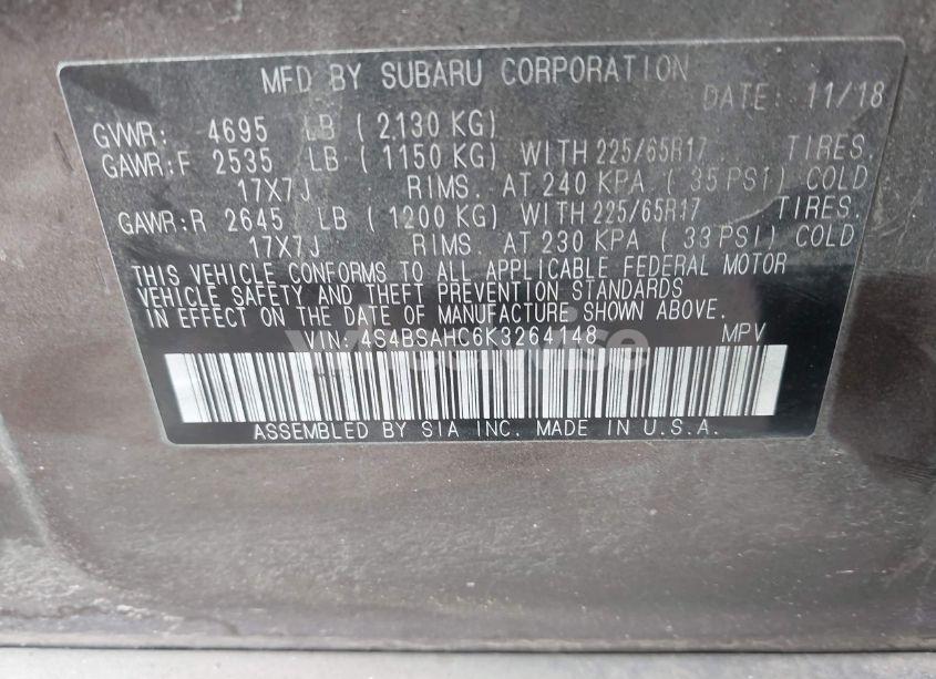 Photo 9 of 2019 Subaru Outback 2.5I PREMIUM (VIN 4S4BSAHC6K3264148)