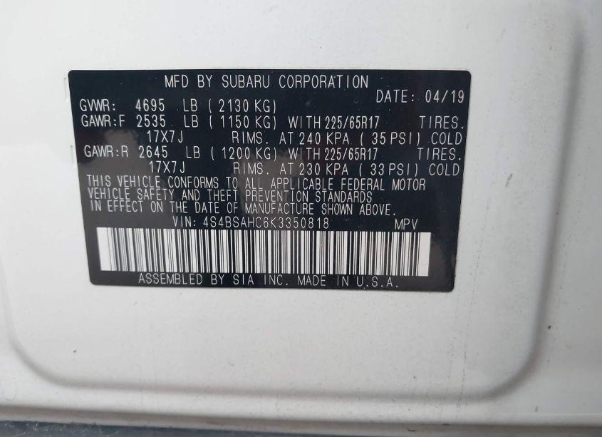 Photo 9 of 2019 Subaru Outback 2.5I PREMIUM (VIN 4S4BSAHC6K3350818)