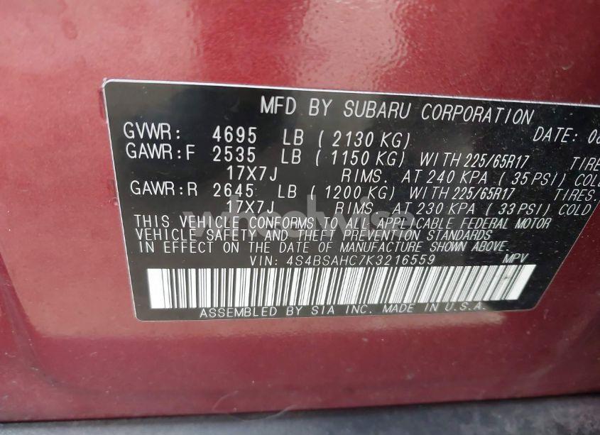 Photo 9 of 2019 Subaru Outback 2.5I PREMIUM (VIN 4S4BSAHC7K3216559)