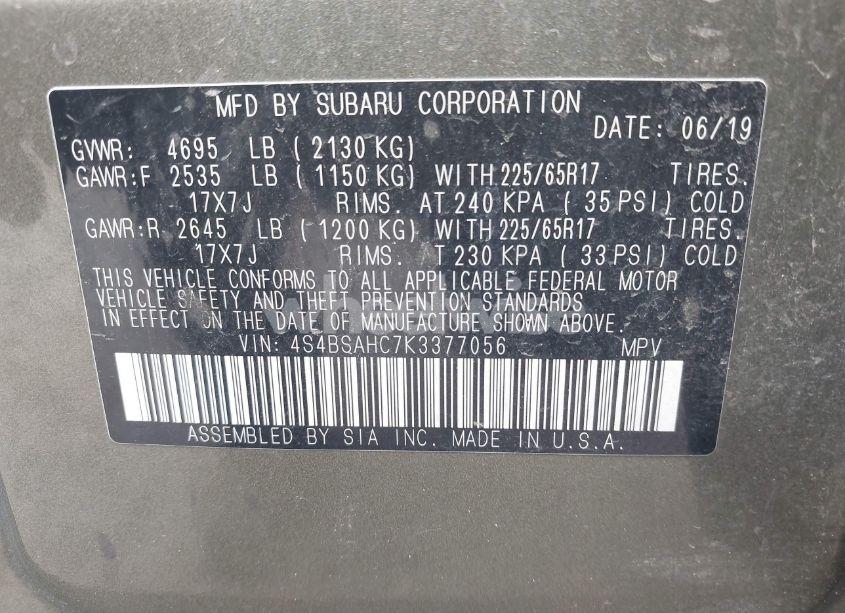 Photo 9 of 2019 Subaru Outback 2.5I PREMIUM (VIN 4S4BSAHC7K3377056)