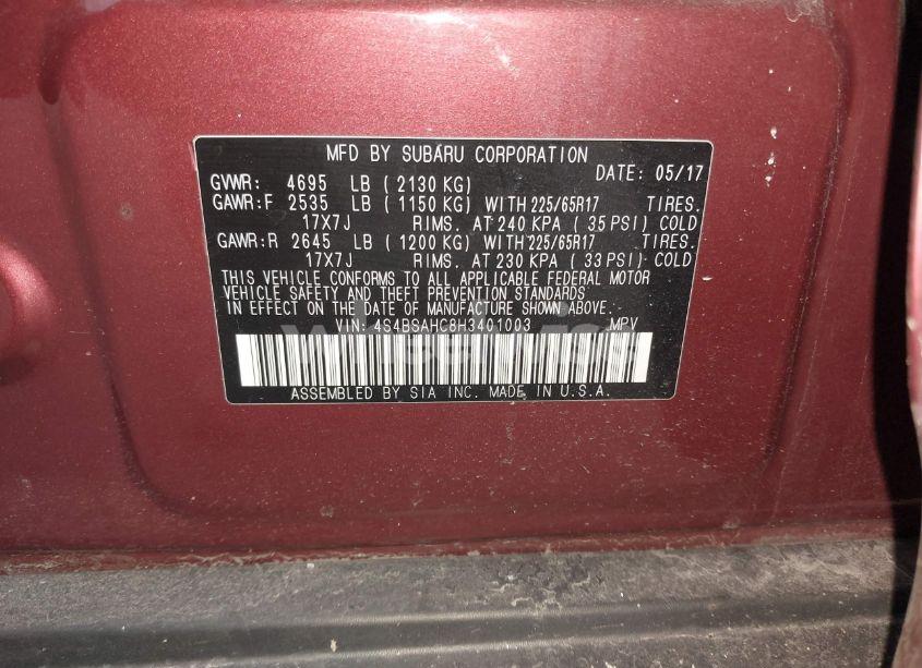 Photo 9 of 2017 Subaru Outback 2.5I PREMIUM (VIN 4S4BSAHC8H3401003)