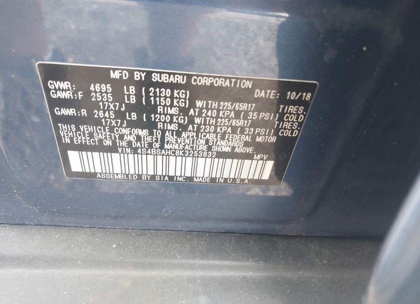 Photo 9 of 2019 Subaru Outback 2.5I PREMIUM (VIN 4S4BSAHC8K3253832)