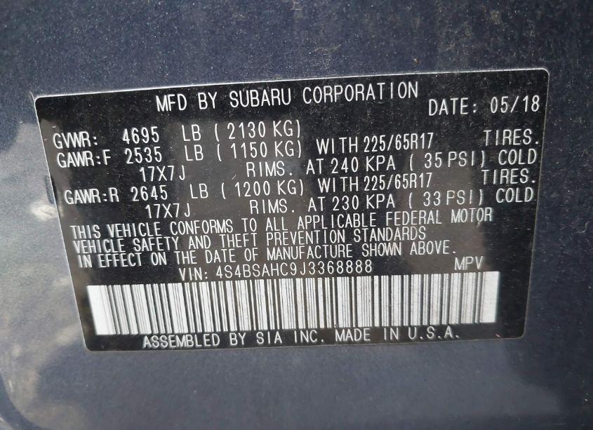 Photo 9 of 2018 Subaru Outback 2.5I PREMIUM (VIN 4S4BSAHC9J3368888)