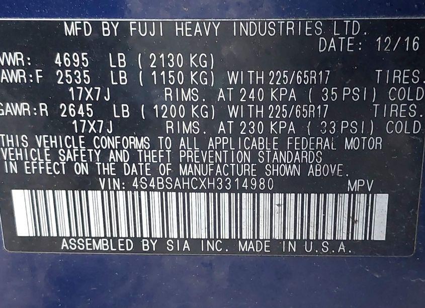 Photo 9 of 2017 Subaru Outback 2.5I PREMIUM (VIN 4S4BSAHCXH3314980)