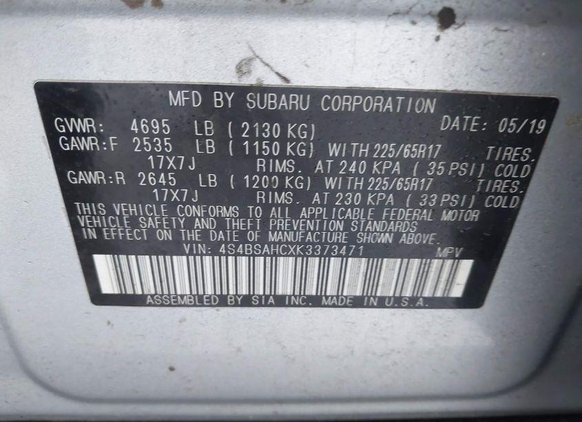 Photo 9 of 2019 Subaru Outback 2.5I PREMIUM (VIN 4S4BSAHCXK3373471)