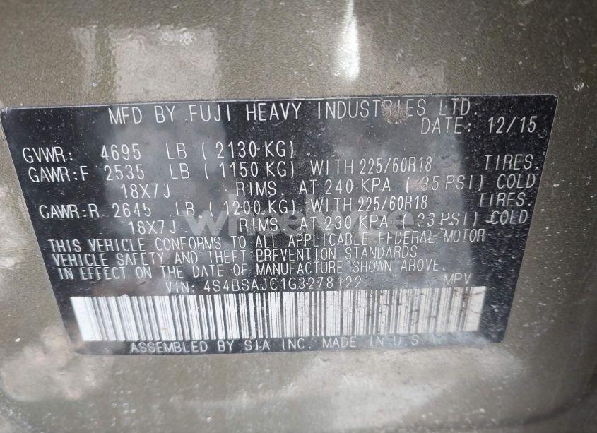 Photo 9 of 2016 Subaru Outback 2.5I LIMITED (VIN 4S4BSAJC1G3278122)