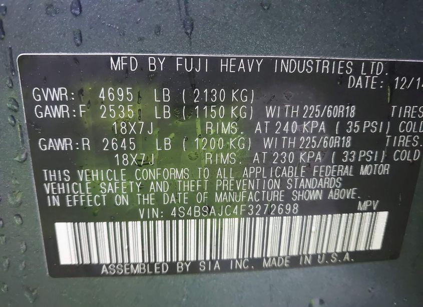 Photo 9 of 2015 Subaru Outback 2.5I LIMITED (VIN 4S4BSAJC4F3272698)