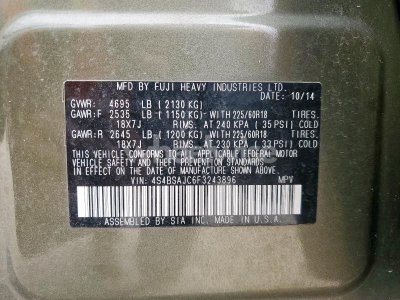 Photo 9 of 2015 SUBARU OUTBACK 2.5I LIMITED (VIN 4S4BSAJC6F3******)