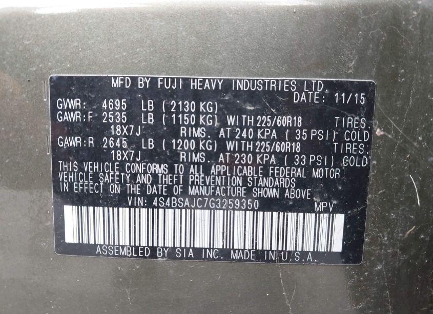 Photo 9 of 2016 Subaru Outback 2.5I LIMITED (VIN 4S4BSAJC7G3259350)