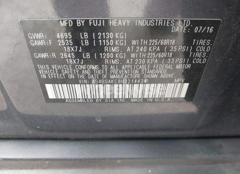 Photo 9 of 2017 Subaru Outback 2.5I LIMITED (VIN 4S4BSAKC8H3214434)