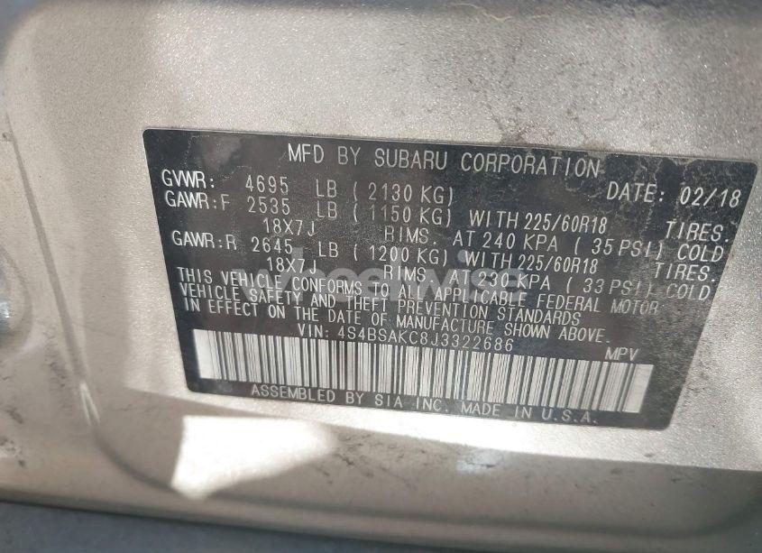 Photo 9 of 2018 Subaru Outback 2.5I LIMITED (VIN 4S4BSAKC8J3322686)