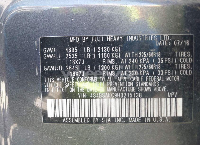 Photo 9 of 2017 Subaru Outback 2.5I LIMITED (VIN 4S4BSAKC9H3215138)