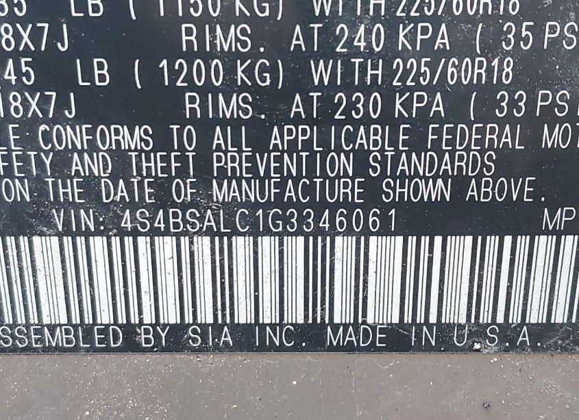 Photo 9 of 2016 Subaru Outback 2.5I LIMITED (VIN 4S4BSALC1G3346061)