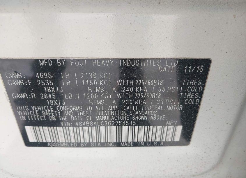 Photo 9 of 2016 Subaru Outback 2.5I LIMITED (VIN 4S4BSALC3G3254515)