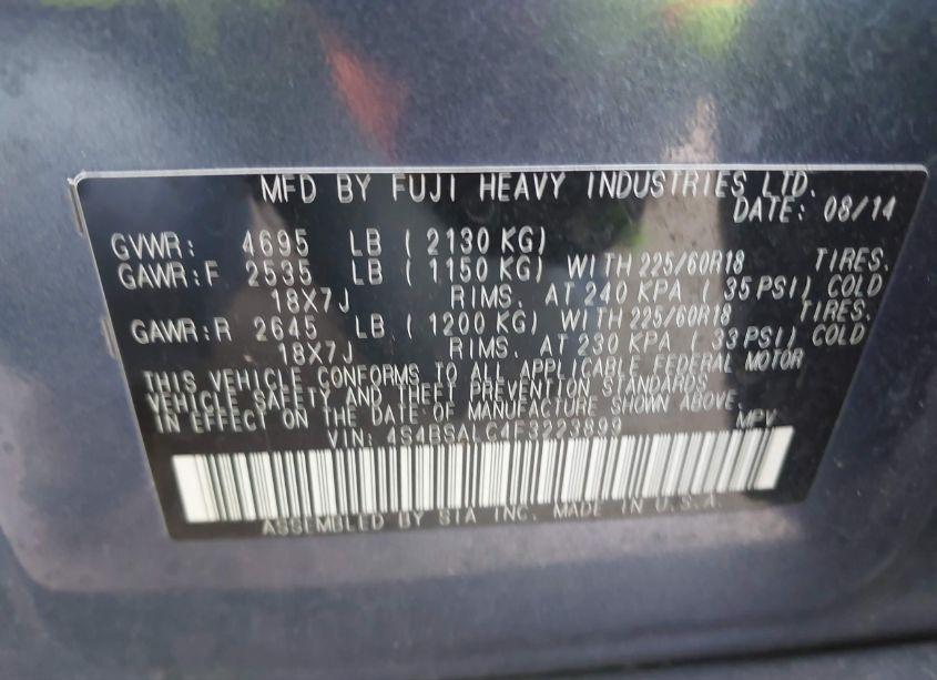 Photo 9 of 2015 Subaru Outback 2.5I LIMITED (VIN 4S4BSALC4F3223899)