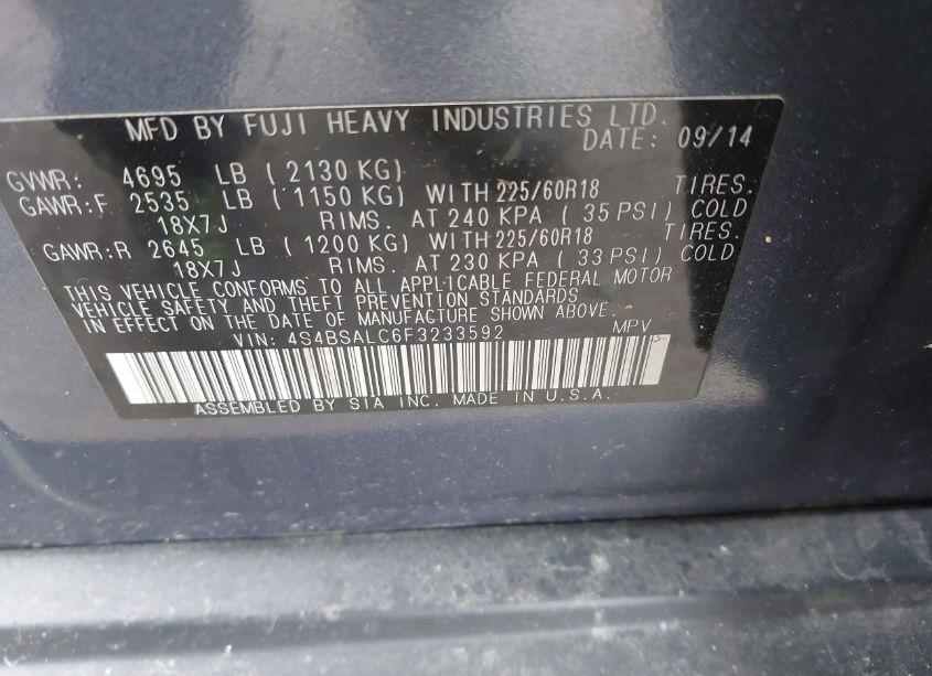 Photo 9 of 2015 Subaru Outback 2.5I LIMITED (VIN 4S4BSALC6F3233592)