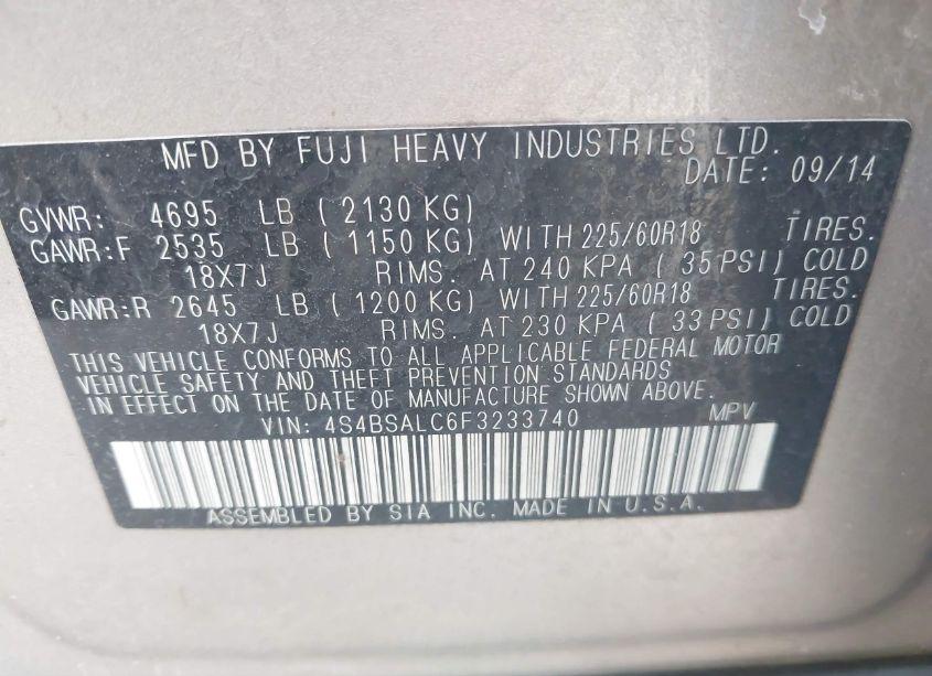 Photo 9 of 2015 Subaru Outback 2.5I LIMITED (VIN 4S4BSALC6F3233740)