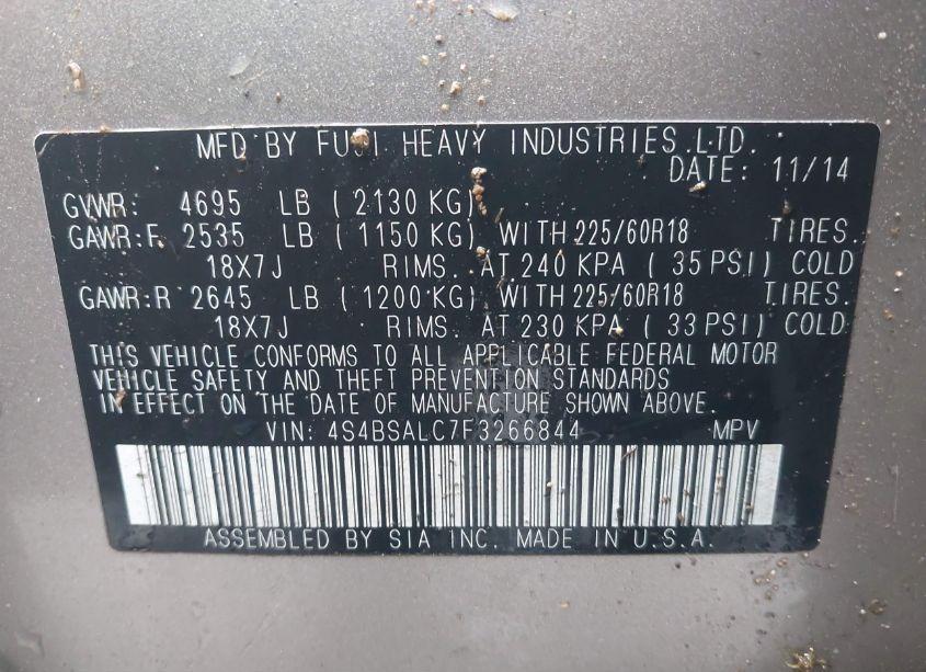 Photo 9 of 2015 Subaru Outback 2.5I LIMITED (VIN 4S4BSALC7F3266844)