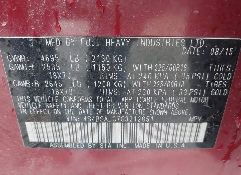 Photo 9 of 2016 Subaru Outback 2.5I LIMITED (VIN 4S4BSALC7G3212851)