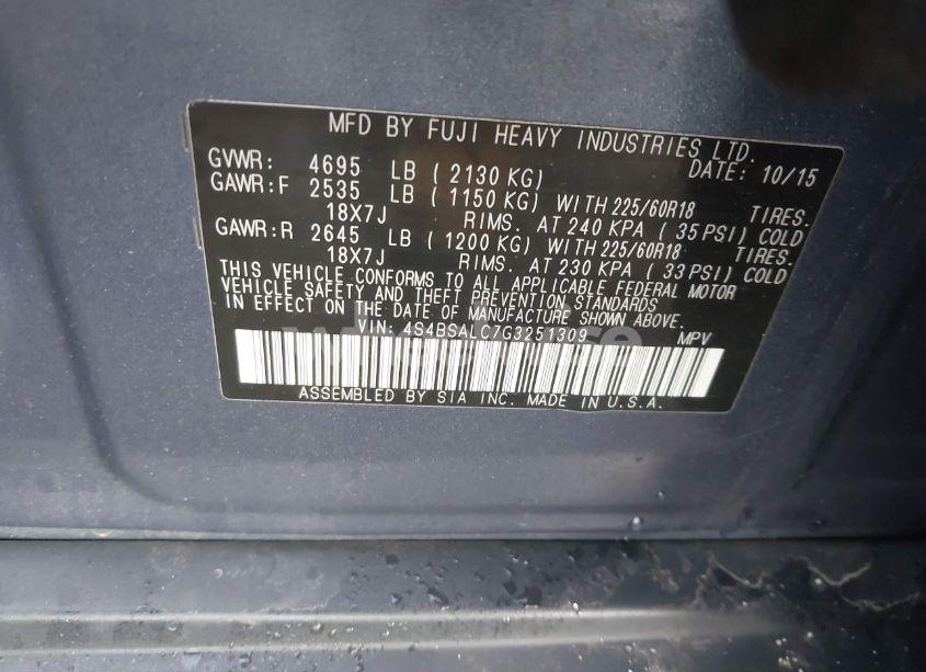 Photo 9 of 2016 Subaru Outback 2.5I LIMITED (VIN 4S4BSALC7G3251309)