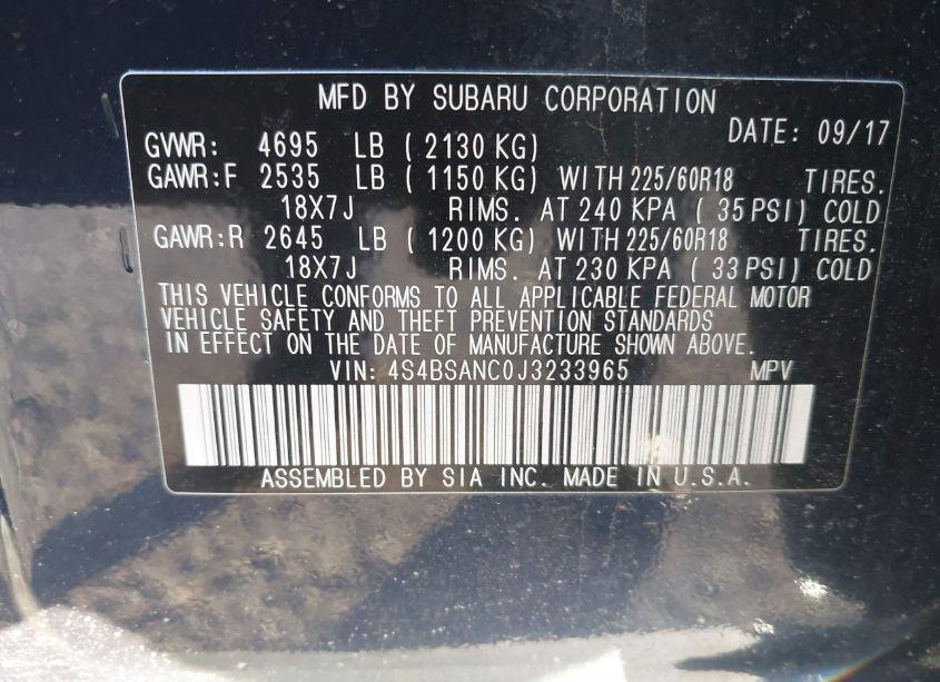 Photo 9 of 2018 Subaru Outback 2.5I LIMITED (VIN 4S4BSANC0J3233965)