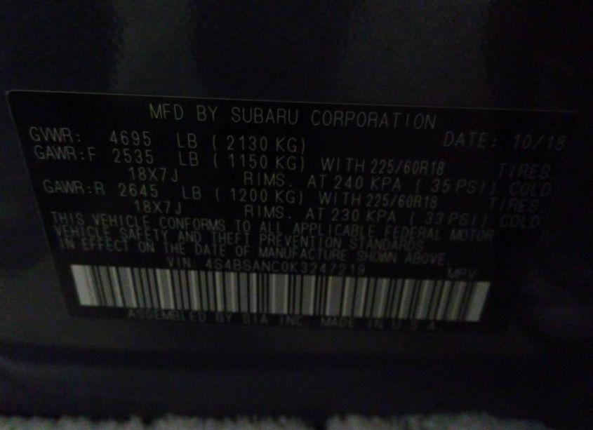 Photo 9 of 2019 Subaru Outback 2.5I LIMITED (VIN 4S4BSANC0K3247219)