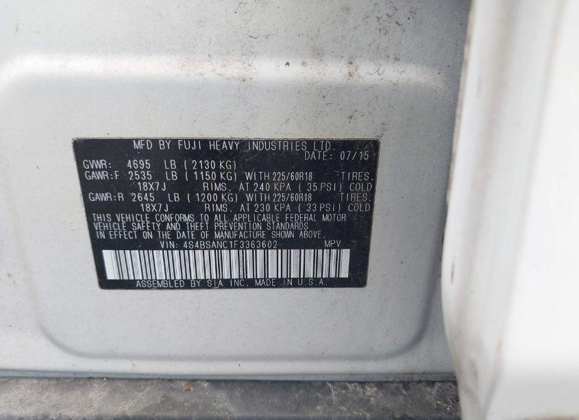 Photo 9 of 2015 Subaru Outback 2.5I LIMITED (VIN 4S4BSANC1F3363602)