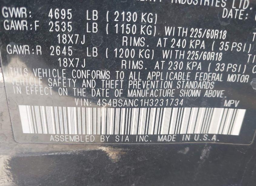 Photo 9 of 2017 Subaru Outback 2.5I LIMITED (VIN 4S4BSANC1H3231734)