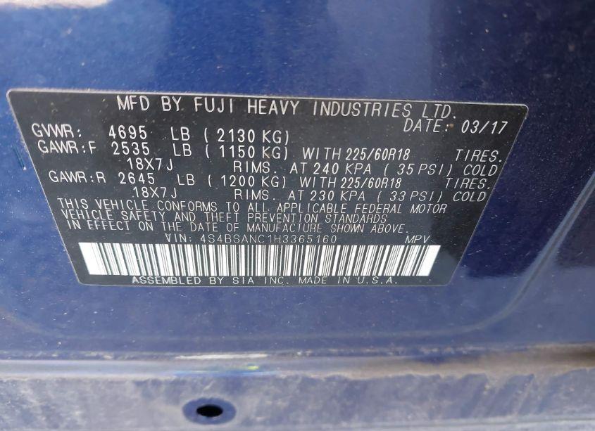 Photo 9 of 2017 Subaru Outback 2.5I LIMITED (VIN 4S4BSANC1H3365160)