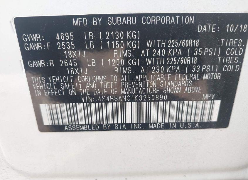 Photo 9 of 2019 Subaru Outback 2.5I LIMITED (VIN 4S4BSANC1K3250890)