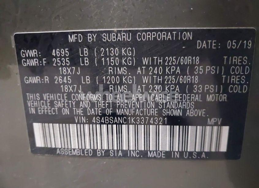 Photo 9 of 2019 Subaru Outback 2.5I LIMITED (VIN 4S4BSANC1K3374321)