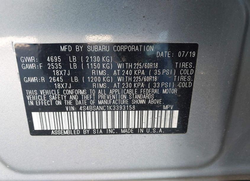 Photo 9 of 2019 Subaru Outback 2.5I LIMITED (VIN 4S4BSANC1K3393158)