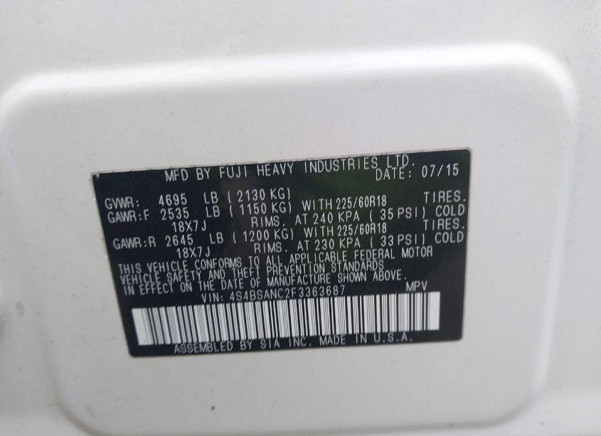 Photo 9 of 2015 Subaru Outback 2.5I LIMITED (VIN 4S4BSANC2F3363687)