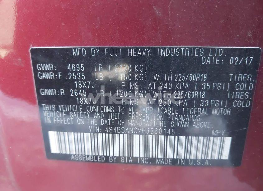 Photo 9 of 2017 Subaru Outback 2.5I LIMITED (VIN 4S4BSANC2H3360145)