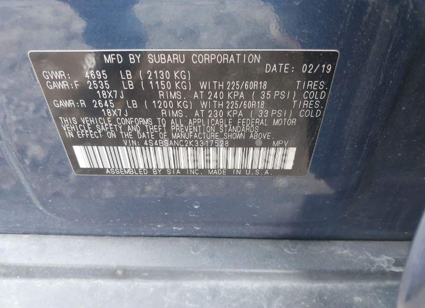 Photo 9 of 2019 Subaru Outback 2.5I LIMITED (VIN 4S4BSANC2K3317528)