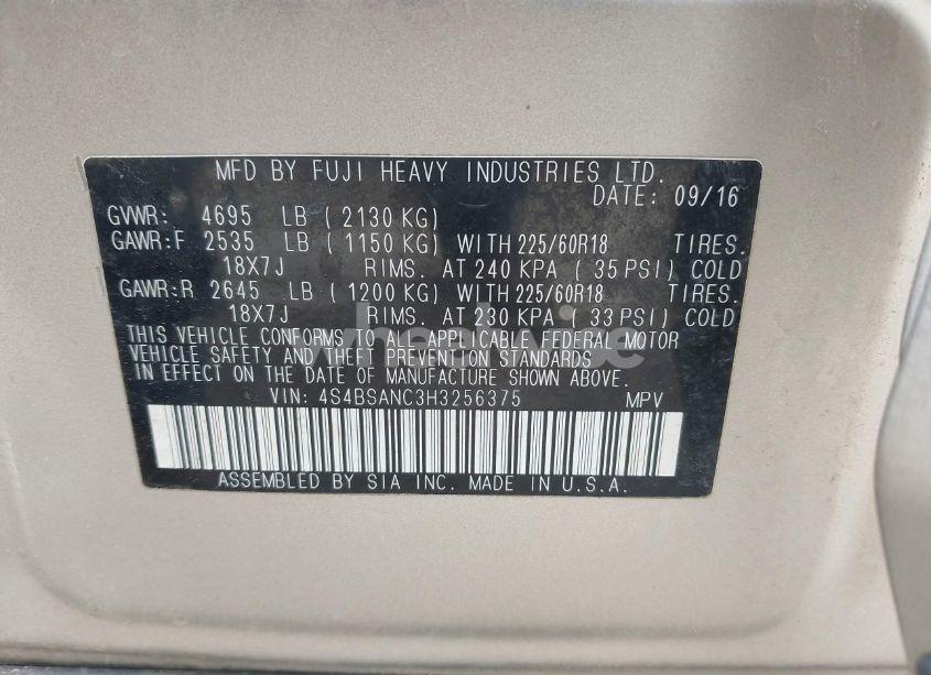 Photo 9 of 2017 Subaru Outback 2.5I LIMITED (VIN 4S4BSANC3H3256375)