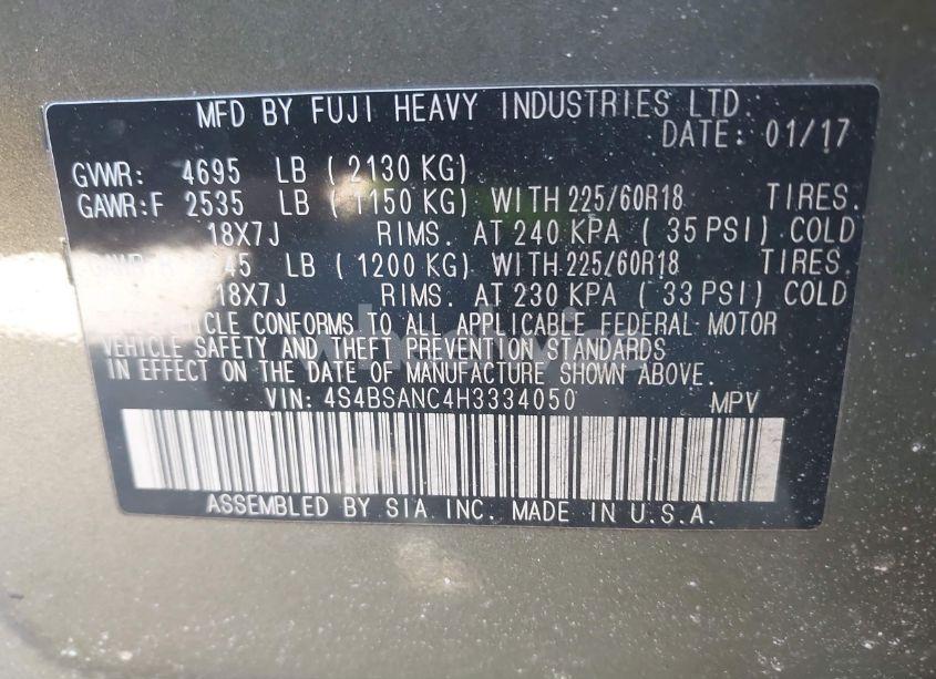 Photo 9 of 2017 Subaru Outback 2.5I LIMITED (VIN 4S4BSANC4H3334050)