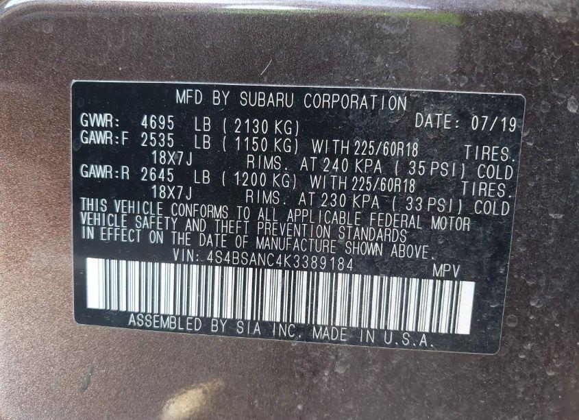 Photo 9 of 2019 Subaru Outback 2.5I LIMITED (VIN 4S4BSANC4K3389184)