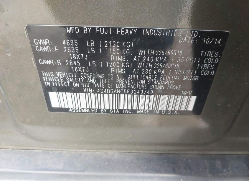 Photo 9 of 2015 Subaru Outback 2.5I LIMITED (VIN 4S4BSANC5F3243740)