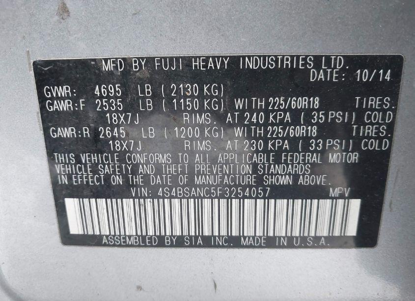 Photo 9 of 2015 Subaru Outback 2.5I LIMITED (VIN 4S4BSANC5F3254057)