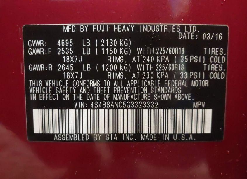 Photo 9 of 2016 Subaru Outback 2.5I LIMITED (VIN 4S4BSANC5G3323332)