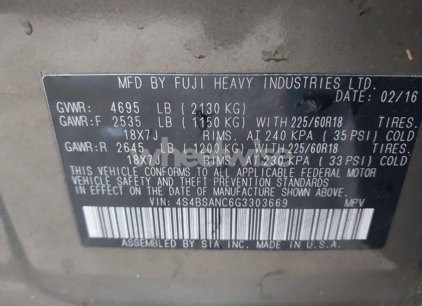 Photo 9 of 2016 Subaru Outback 2.5I LIMITED (VIN 4S4BSANC6G3303669)