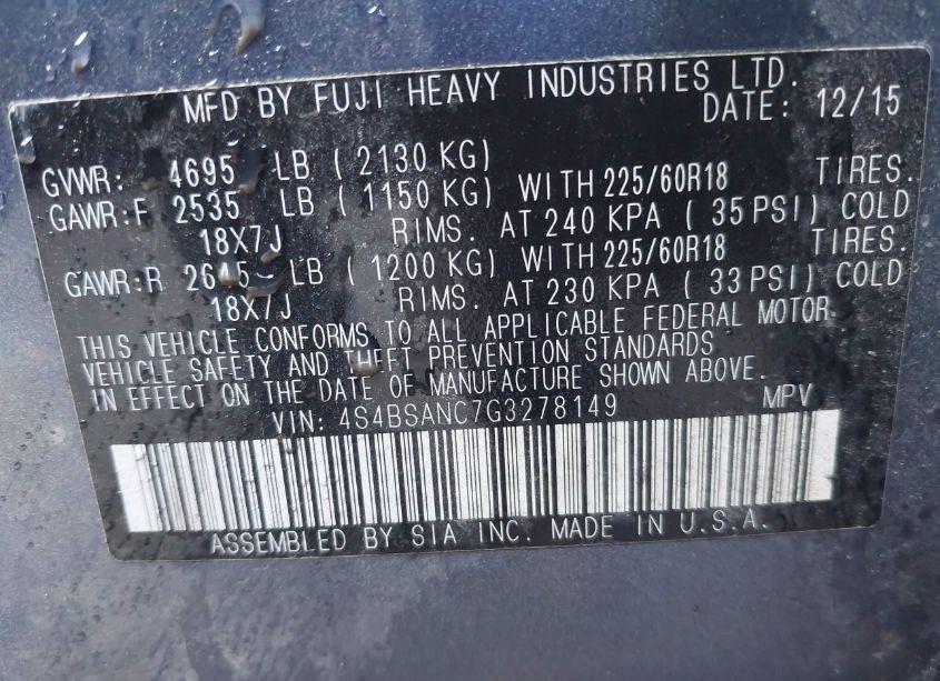 Photo 9 of 2016 Subaru Outback 2.5I LIMITED (VIN 4S4BSANC7G3278149)