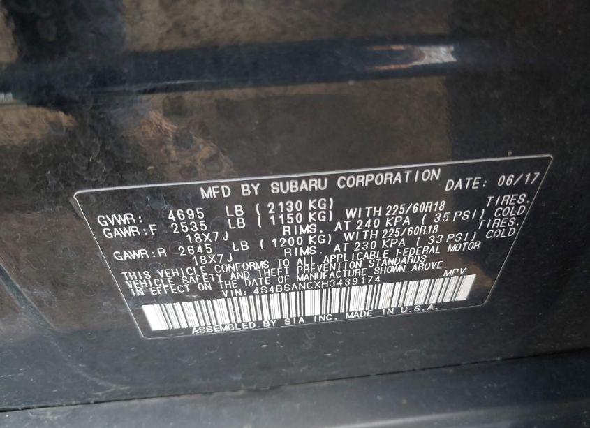 Photo 9 of 2017 Subaru Outback 2.5I LIMITED (VIN 4S4BSANCXH3439174)