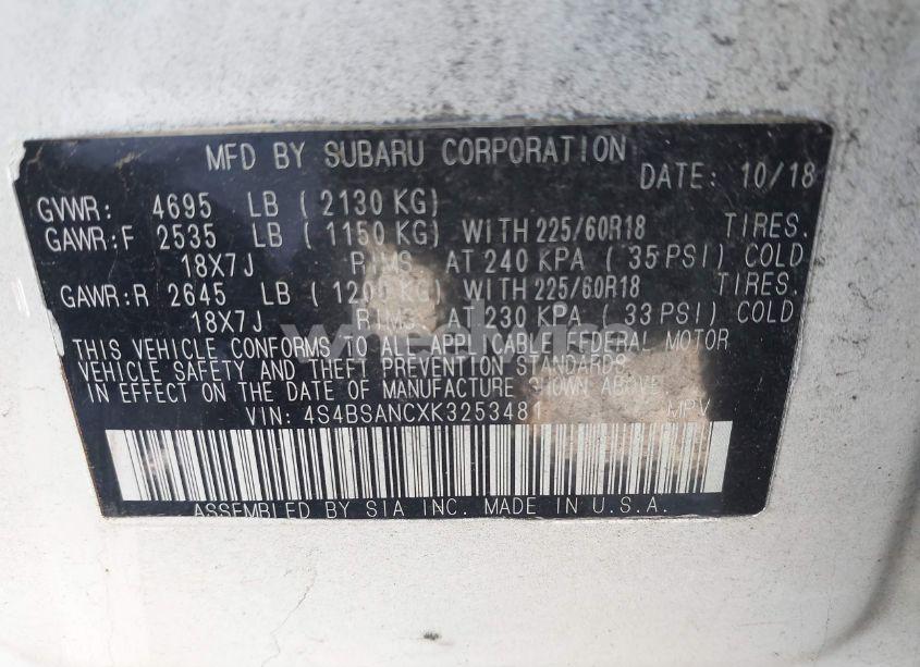 Photo 9 of 2019 Subaru Outback 2.5I LIMITED (VIN 4S4BSANCXK3253481)