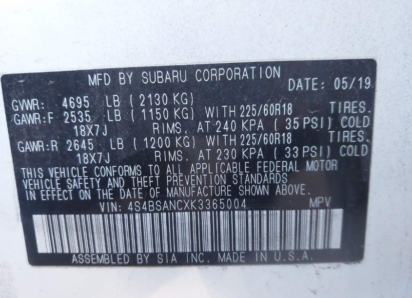 Photo 9 of 2019 Subaru Outback 2.5I LIMITED (VIN 4S4BSANCXK3365004)