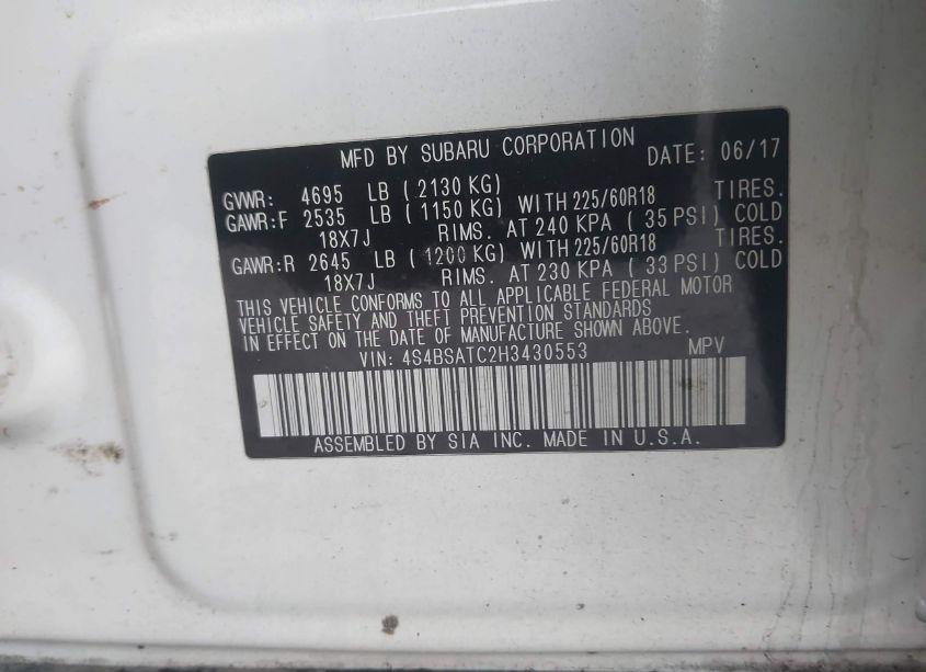 Photo 9 of 2017 Subaru Outback 2.5I TOURING (VIN 4S4BSATC2H3430553)