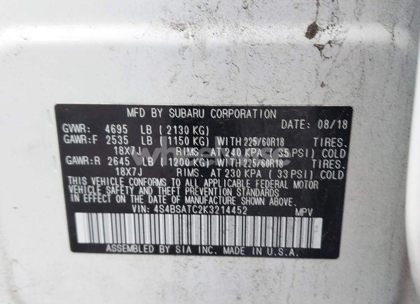 Photo 9 of 2019 Subaru Outback 2.5I TOURING (VIN 4S4BSATC2K3214452)